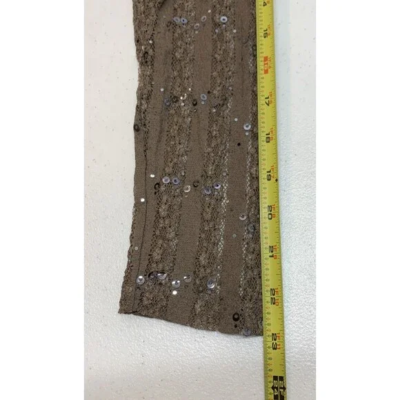 BKE Buckle Burnout Sequin Lace Top Shirt Womens L Taupe Y2K Sheer - Picture 8 of 11
